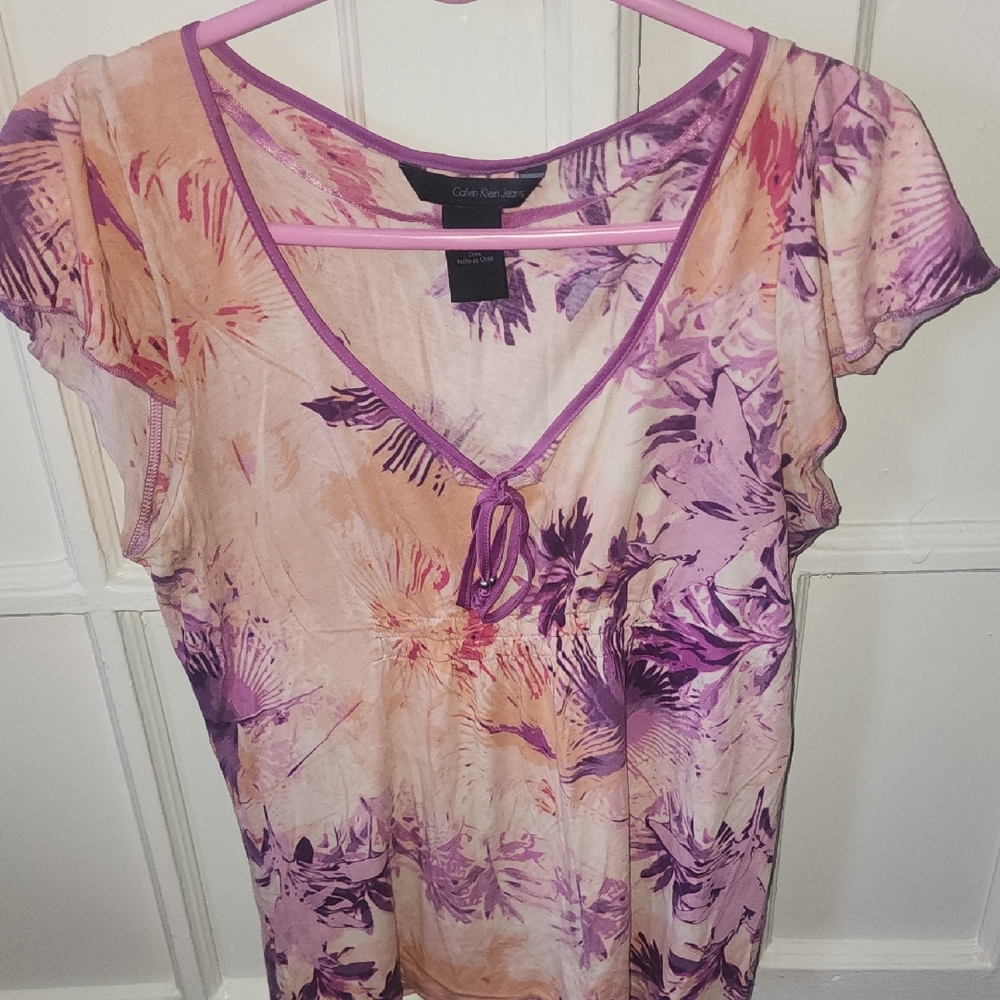 Calvin Klein Pink and Orange Fitted Cap Sleeve Blouse
